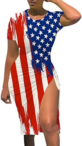 מיאשוי קוקטייל חליפת מכנסיים לנשים עצמאות יום נשים אמריקאי דגל דפוסים מקרית שרוך סדק קיץ שמלות