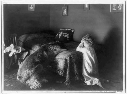 היסטוריה צילום: תפילת ערב, כלב וילדה קטנה כורעים על ברכיהם במיטה, ג1906