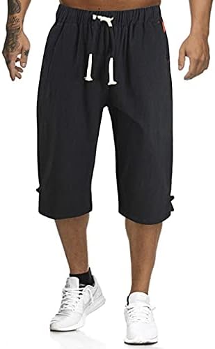 מכנסי מטען של Sinzelimin לגברים שורטים מזדמנים בצבע אחיד פשתן כותנה שבע נקודות מכנסיים גדולים וגבוהים מכנסיים קצרים