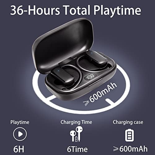 Dem.lorida אוזניות אלחוטיות Bluetooth 38 שעות משחקות T60 אוזניות ספורט אחוריות עם תצוגת LED תצוגת אוזניים עם אוזניים עם מיקרופון לספורט