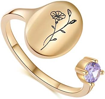 סלונג בעבודת יד חודש לידה טבעת חותם פרח טבעת מצופה זהב 14 קראט טבעת אבן לידה יום הולדת ולנטיין מתנת חג המולד לאמא בת אשת חברה