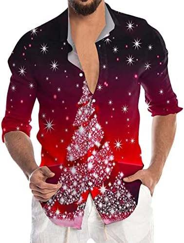 Dsodan חג המולד כפתור מזדמן מטה חולצות לגברים שרוול ארוך צווארון צוואר צוואר צמרות חולצת מסיבת הדפס של שלג פתית שלג