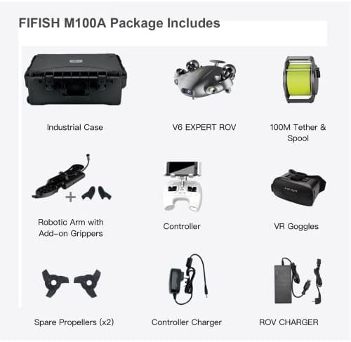 QYSEA FIFISH V6 מומחה M100A מזלט מתחת למים עם מארז זרוע ותעשייה רובוטי, ROV משודרג עם Q-interface, מצלמת 4K, בקרת VR, LED 6000LM, כבל