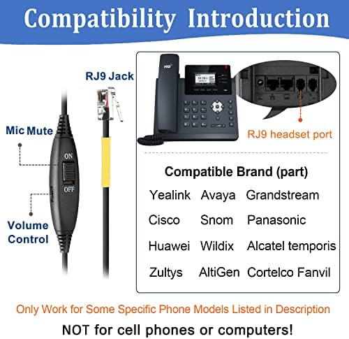 אוזניות טלפון של Callez RJ9 עם מיקרופון ביטול רעש ובקרת נפח אוזניות טלפון משרד תואמות ל- Yealink T54 T53W T41S T46S AVAAYA 9508 9608 1608