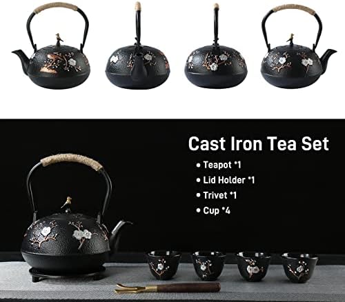 Sechudo Tea Set Teate Kettle Style Style Style Black Black Cast Seteakote עם 4 כוסות, 1 טריבה ומחזיק מכסה 1, 40.6oz קומקום עם infuser