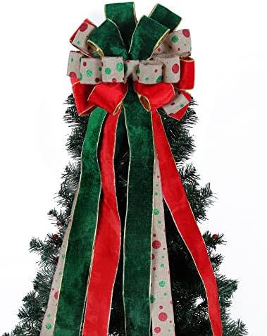 קשת עץ חג המולד של ארקיאל קשת, טופר עץ סרט חג המולד כפרי, נקודות קטיפה אדומות ירוקות טופר קשת עץ לעץ חג המולד עץ עץ בית מקלט, 12 x 43