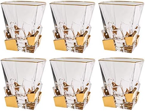 ברסקי - זכוכית באיכות אירופאית - קריסטל-סט של 6-בצורת ריבוע-כוסות מיושנות כפולות-דוף-11.7 עוז. - עם זהב קרח קוביות עיצוב-משקפיים מיוצרים