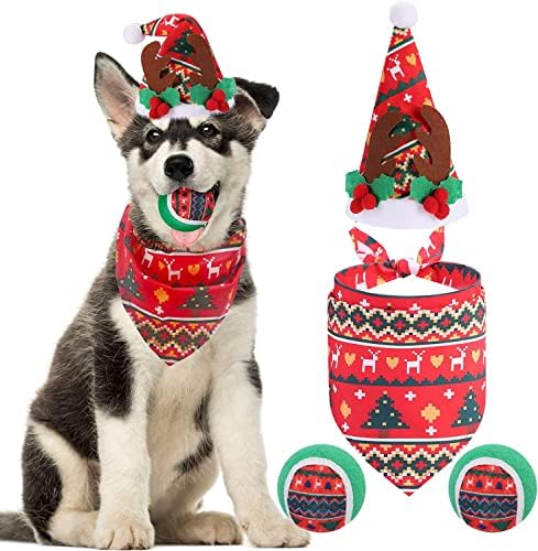 תחפושת כלב חג המולד של פאוצ'י - כלב חג המולד כלב כלב כובע סנטה כובע בנדנה כדורי טניס, משולש חג המולד צעיף צעצועים צעצועים חריקים אביזרי