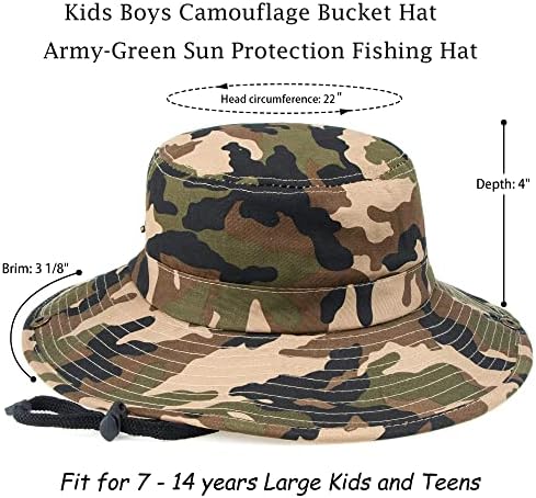 בני הסוואה דלי כובע צבא - ירוק שמש הגנת דיג כובע רחב ברים בוני כובע סנטר - רצועת לילדים 4-8 ט 7-14 שנים