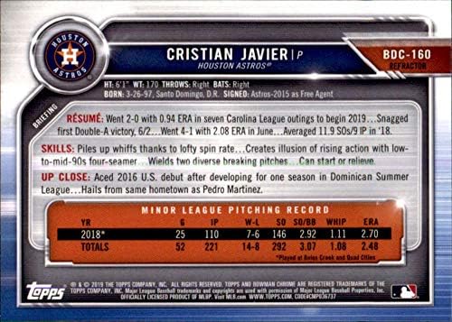 2019 Bowman Chrome Refractor BDC-160 Cristian Javier RC טירון יוסטון אסטרוס MLB כרטיס מסחר בייסבול