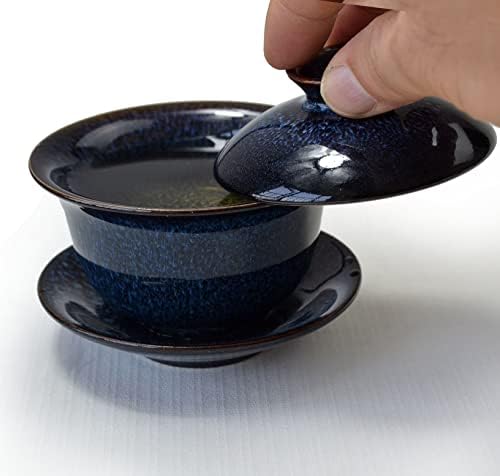 Gdlk Gaiwan Tea Cup 6oz חרסינה ספל תה זיגוג חלק צלוחית טורין עם מכסה גונגפו סיני, כחול