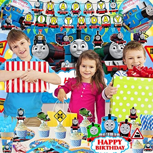 174 יחידות קריקטורה רכבת נושא מסיבת יום הולדת קישוטי אספקת עבור 10 בני ילדים עם יום הולדת שמח באנרים,רקע,בלונים,עוגת טופר,כלי שולחן,מפת