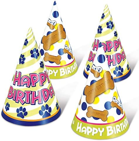 Beistle 60976 כפות כלבים וכובעי חרוט מסיבת נייר יום הולדת עצם, Multicicoror, 4 Ct.