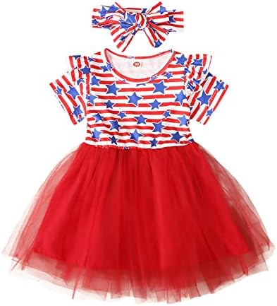 פעוטות בנות שרוול קצר שמלת יום עצמאות 4 של שמלת יולי כוכב הדפסים מפוספסים ילדים נערת שמלת טול