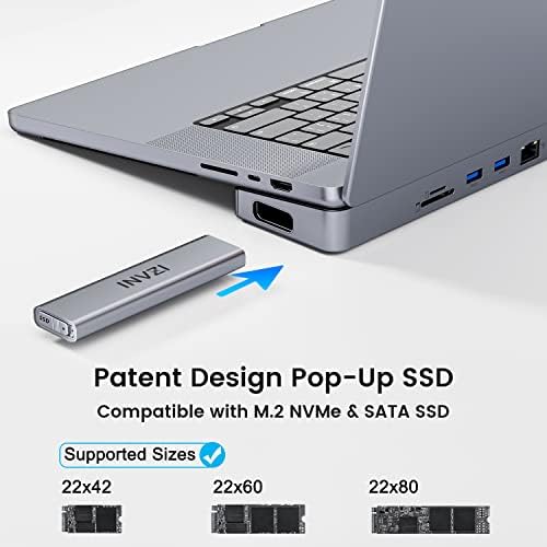 Invzi Maghub 12-in-2 USB-C תחנת עגינה מסכי משולש עם SSD קופץ, כפול 4K HDMI, DP, 100W PD טעינה, USB 3.2 10GBP MacBook Air M2 13 ”