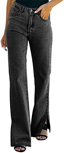 נשים ג 'ינס מכנסיים מקרית פיצול מכפלת ג' ינס רוכסן מכנסיים כיס רחב רגל מכנסיים ליי חותלות