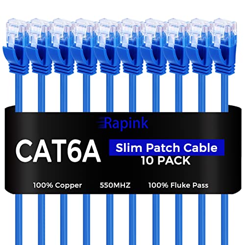 כבלי תיקון Rapink Cat6a 1ft 10 חבילה דקה, Cat6a אתרנט תיקון כבל 10 גרם תמיכה, כבל טלאי חתול 6 ללא נשירה ללוח התיקון למתג, כבל Ethernet