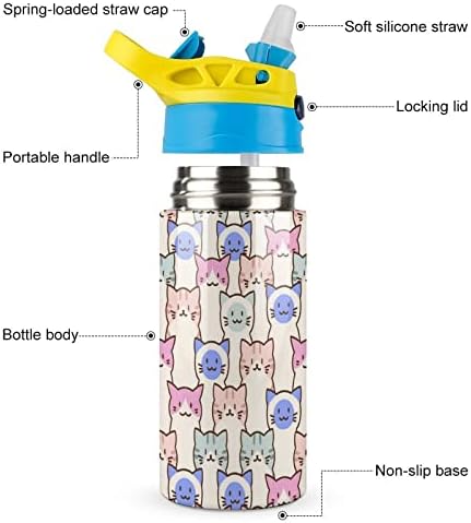 בקבוק מים לילדים, דפוס חוזר חמוד חתול בקבוק מים מבודד נירוסטה עם קש, קל פתוח ונקי חסין דליפות 17 עוז / 500 מיליליטר, אידיאלי לנסיעות בבית