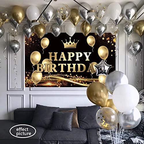 אושינמי של יום הולדת שמח באנר עם בלוני זהב שלט לקישוטים למסיבות, קישוטים גדולים למסיבות יום הולדת רקע, שחור וזהב, 6 x 3.6 רגל