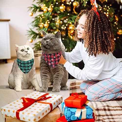 חג המולד חתול קולרים חמוד הבדלני עם פעמון סנטה 2 חבילה מתכוונן חתול צווארון עם נשלף בנדנה אדום ירוק משובץ פתית שלג חתול בנדנה צווארון