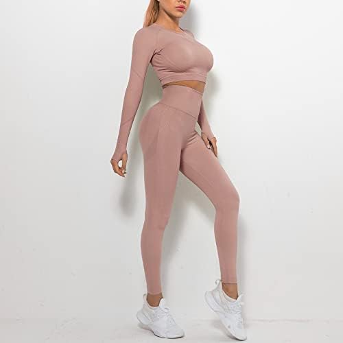 נשים מזדמנות בצבע אחיד שני תלבושות סקסיות BodyCon Sleev Longe Crop Top עם סט אימונית מכנסיים ארוכים