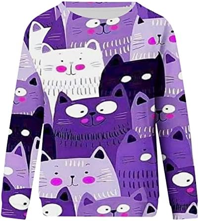 חידוש סווטשירט לנשים מצחיק חמוד חתול מודפס צבעוני חג המולד ארוך שרוול חולצות גרפי טיז