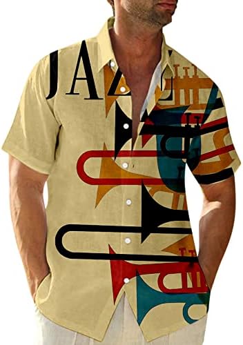 כפתור מזדמן של XXVR לגברים למטה חולצות שרוול קצר חוף קיץ חוף וינטג 'וינטג' מוסיקה הדפסת חולצת הוואי חולצה