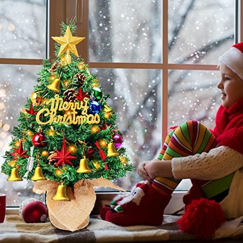 עץ חג המולד מיני, 22 עץ אורן קטן לחג המולד, עץ חג המולד של שולחן השולחן עם אורות מיתר LED, כדורי חג מולד, חרוטים אורנים, עוצמת כוכב זהב,
