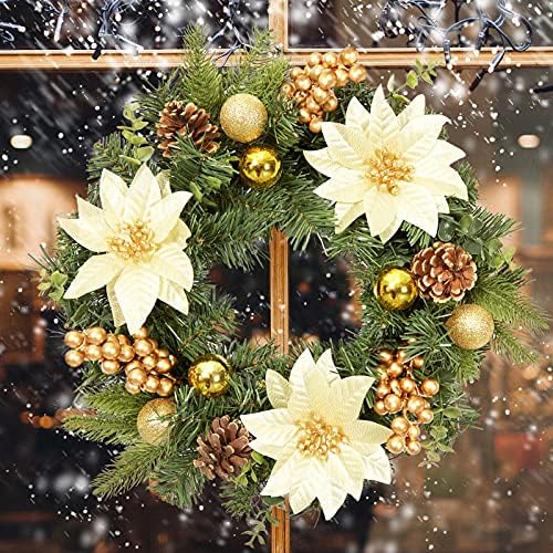זרימת חג המולד לדלת הכניסה, זר חג מולד חיצוני בגודל 16 אינץ 'עם פרחי פוינסטיה מלאכותיים קישוט