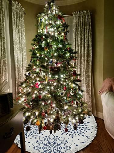 Xollar 48 אינץ 'גדול חצאית חג המולד חצאית מעגל פתית שלג, קישוטי עץ חג המולד לחג מסיבת חורף שנה חדשה עם גדילים