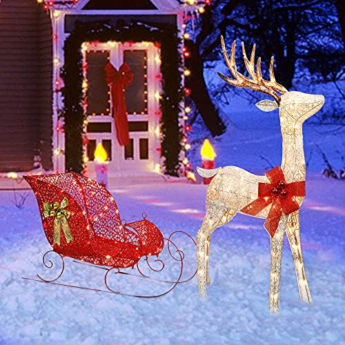 קישוט חצר חג המולד של Zcaukya, 4 רגל 120 נוריות LED איילים תלת מימדיים מוארים לפני קישוטי חוץ מזחלים, קישוטי אור לבן עם קישוטי עמידה נצנצים