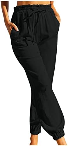 מכנסי פשתן כותנה לנשים CHGBMOK מכנסיים המותניים המותניים המותניים עם כיסים מכנסי משקל קל בצבע אחיד מזדמנים מכנסיים