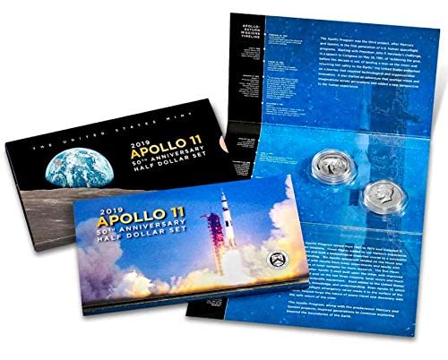 2019 S Apollo 11 - מהדורה מוגבלת מיוחדת - חצי דולר - 2 מטבעות עם הוכחה הפוכה משופרת - 50 שנה להוכחת מנטה ארהב - DCAM - עם מטבע חצי ירח