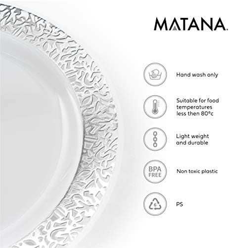 Matana 20pc צלחות פלסטיק רסיס אלגנטיות עם תחרה לבנה וכסף לקצץ 10.25 אינץ