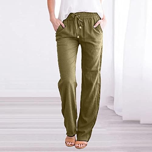 מכנסי פשתן קיץ מזדמנים לנשים מכנסי רגל רחבים עם כיסים רופפים בכושר צבע אחיד מכנסי רגל ישר מכנסי חוף