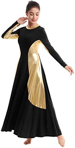 OWLFAY נשים מתכתיות שרוול ארוך שמלת ריקוד באורך מלא שמלת נדנדה כושר רופף חצאית טוניקה ליטורגית