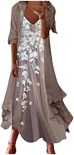 ניוקי נשים מקסי שמלה פרחוני הדפסת זורם שרוולים שמלה עם ארוך מעיל 2 חתיכה סט חתונה אורח