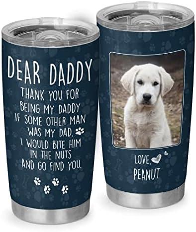 תמונה מותאמת אישית ושם כלב אבא יקר כוס מעוקלת 20 עוז, אבא כלב, מתנת זיכרון לאבא, אבא כלב נסיעות כוס קפה מתנות יום הולדת לחג המולד לכלב