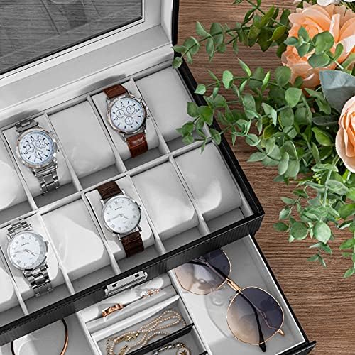 תיבת שעון Oyydecor 12 חריצים מארגן שעון מארגן תכשיטים מארגן מארגן עם מגירת תכשיטים לאחסון ותצוגה ניתן לנעילה