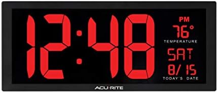 Acurite LED דיגיטלי גדול שעון קיר גדול עם תאריך וטמפרטורה, מושלם לבית או למשרד, 14.5 אינץ ', אדום