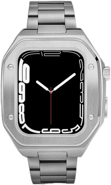 CNHKAU מארז מתכת יוקרה ללהקת Apple Watch Series 8 7 44 ממ 45 ממ מכסה ערכת שינוי רצועת עור מקורית עבור IWatch 8 7 6 5 4 SE