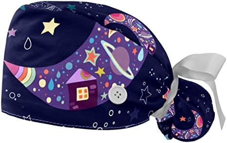 קיגאורו 2 חבילה כובע עבודה של נשים עם כפתורים עניבת סרט אחורי דפוס כוכב ירח נייבי לילה שיער ארוך