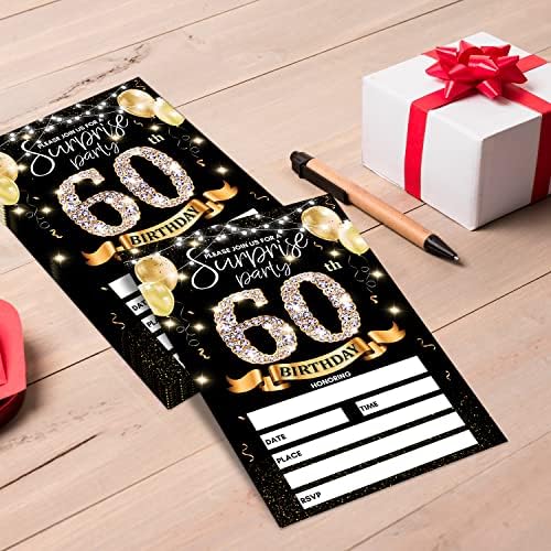 כרטיס הזמנה למסיבת יום הולדת 60 - זהב שחור מזמין עם חזרה בשנת 1963 הדפסת פוסטר על הזמינות מילוי דו צדדי אחורי - 20 קלפים עם מעטפות למסיבות