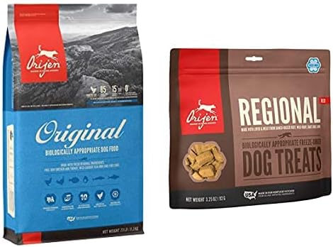 מזון לכלבים יבש של אוריג ' ן לכל הגילאים, מקורי, ללא דגנים, חלבון עשיר, מרכיבים מן החי הטריים והגולמיים, 25 פאונד + פינוקים