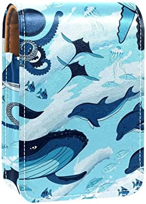 מתחת למים בעלי חיים אוקיינוס כריש כחול תמנון קטן שפתון מקרה עם מראה עבור ארנק, עמיד עור קוסמטי איפור מחזיק, נייד נסיעות קוסמטי ערכת אחסון