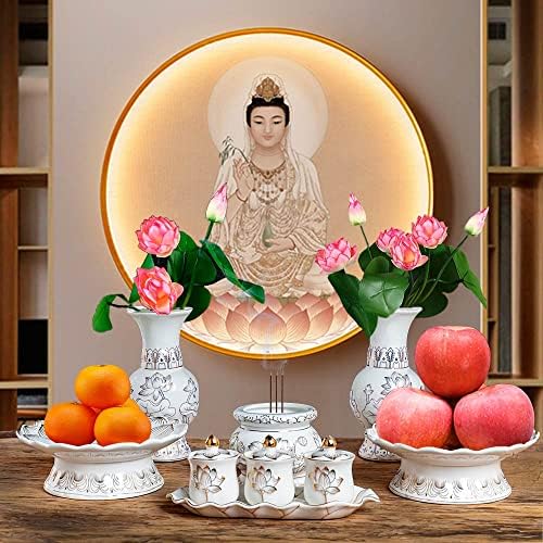 Houlu 7 אינץ 'קרמיקה לבנה צלחת פירות בודהיסטית, ציוד בודהיסטי המציע צלחת, מגש מקדש, קערת פירות
