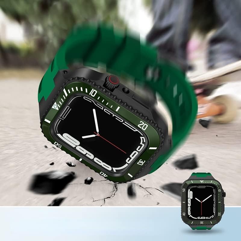 רצועת ערכת שינוי CNHKAU לרצועת Apple Watch 45 ממ 44 ממ מארז מתכת+קרמיקה פגוש מערכה מכסה IWatch 8 7 6 5 4 חגורת גומי SE