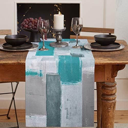 רץ לשולחן רץ לשולחן יוטה בסגנון חווה 13 על 90 אינץ', כחול ציאן אפור מודרני מופשט אמנות ציור גרפיטי עיצוב רצי שולחן למטבח, אוכל יומיומי
