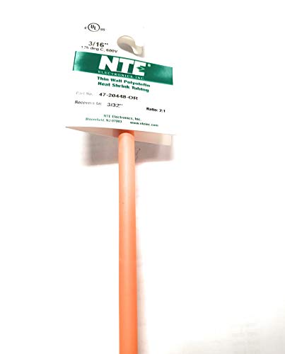 NTE Electronics 47-20448-או צינורות כיווץ חום, קיר דק, יחס כווץ 2: 1, קוטר 3/16 , אורך 48, כתום
