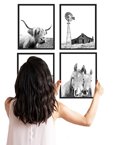 בית חווה מודרני צילום ממוסגר אמנות קיר-סט מתנה של 4 8 על 10 הדפסים כפריים של קוטג ' בוהו כפרי עם מסגרות שחורות. טחנת רוח, חרציות, פרה